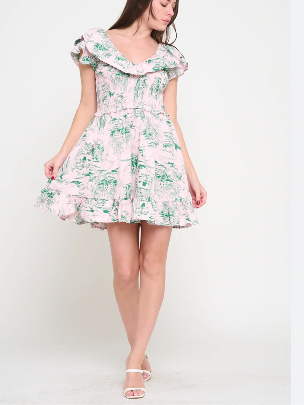 Pink Floral Ruffle Mini Dress Xs meet me
In Santorini NWT